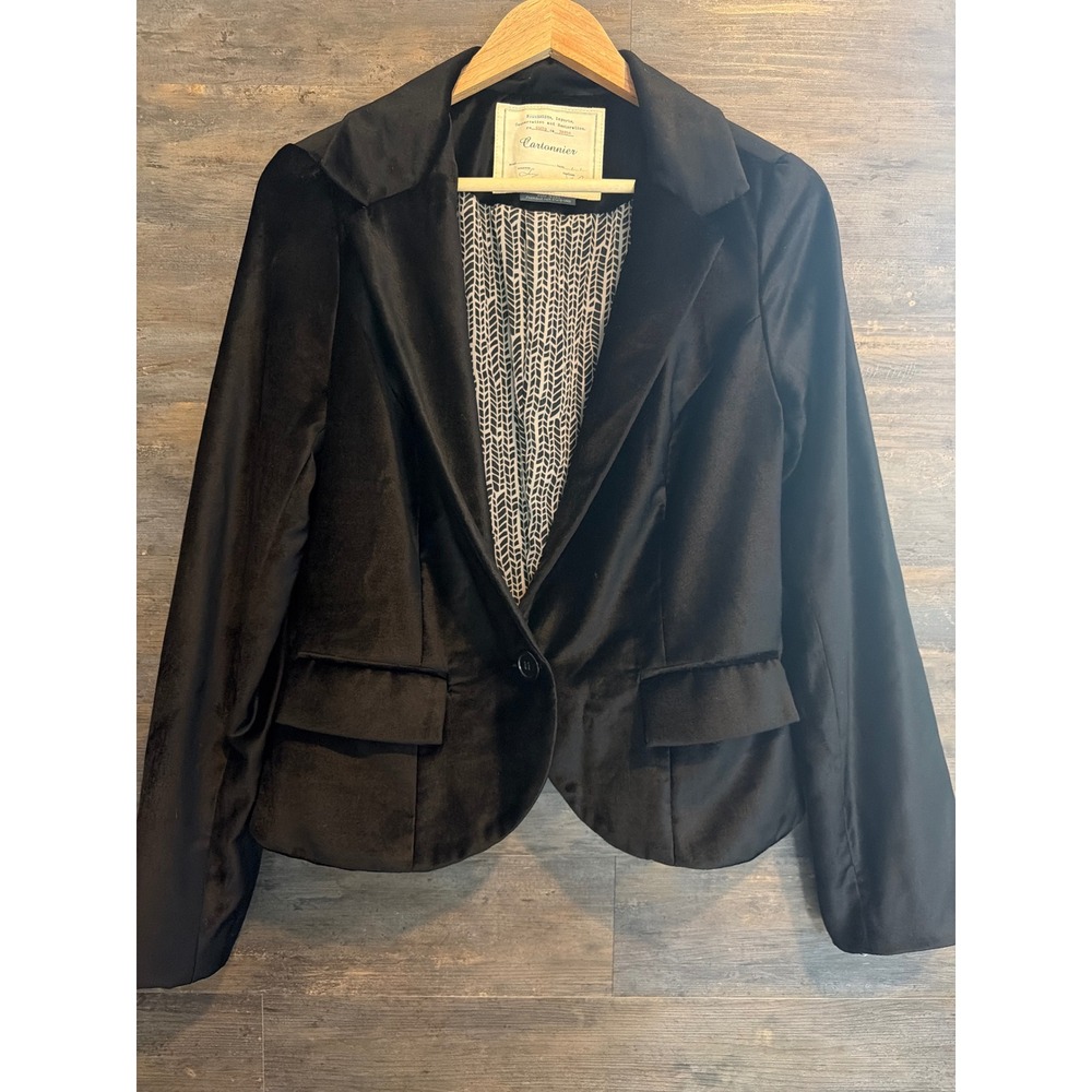 Cartonnier Anthropologie BLK Velvet Blazer Single Button Lined Jacket Large FLAW